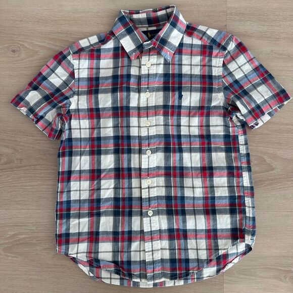 Polo Ralph Lauren Plaid Shirt Boys White Red Blue Button Up Short Sleeve, Size 8 - Picture 1 of 4